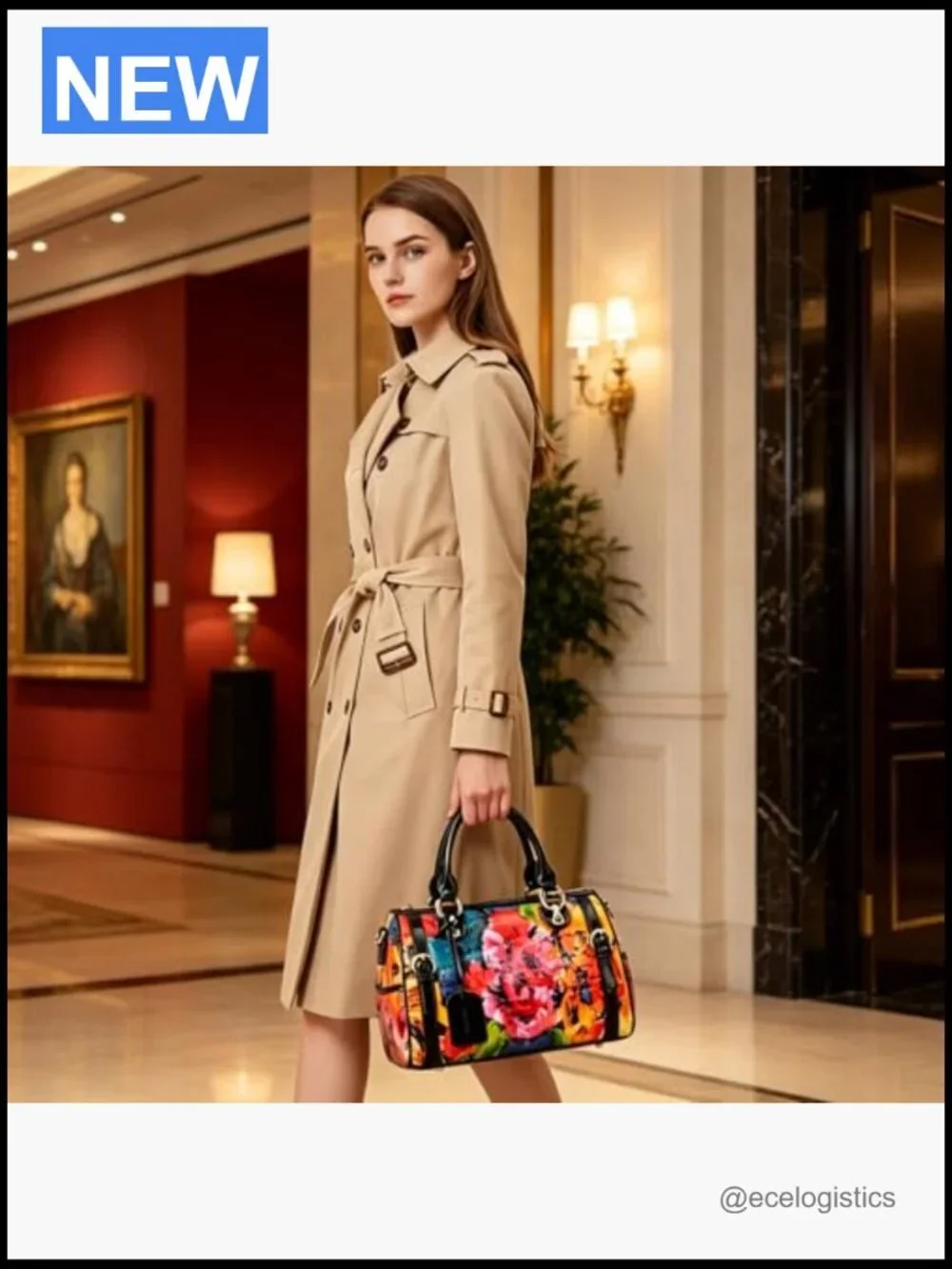 Genuine Leather Satchel Handbag with Floral Pattern Crossbody